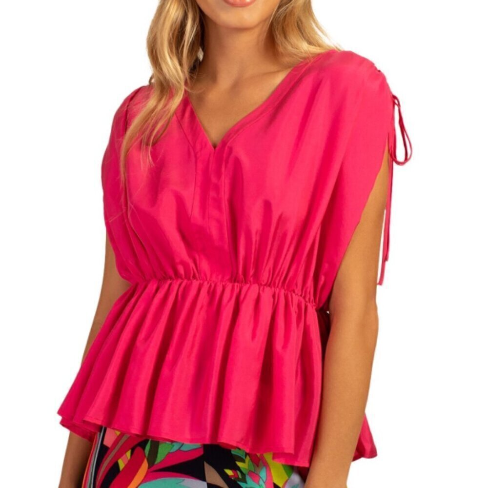Trina Turk 'Floral' V-Neck Drawstring-Shoulder Top, Azalea